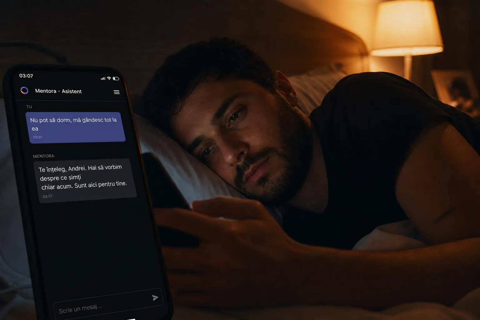 Persoană vorbind cu asistentul virtual noaptea